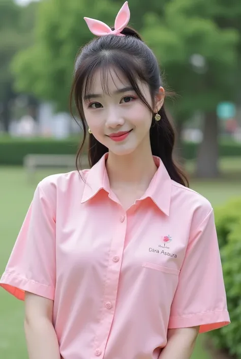  A beautiful white woman who looks like a Korean girl wearing a Deres shirt, Pink,  there is an inscription Citra Asaura on the front of her shirt , Her hair is tied in a ribbon , there are thin bangs ,  wearing cute accessories ,  is standing in front of ...