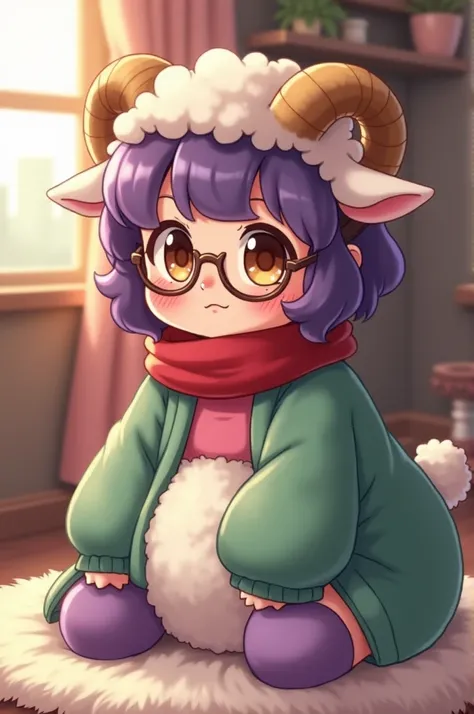 1girls, female, anime, anthropomorphic sheep, cute, brown eyes, purple curly hair, short fluffy hair, large round glasses, freckles, sheep horns, curvey horns, fluffy green oversized cardigan, skirt, fluffy purple thigh highs, red scarf, pink undershirt, a...