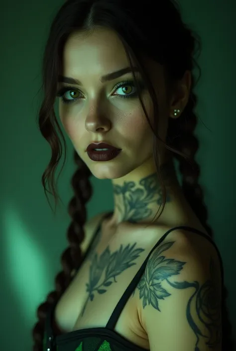 real photo scene: close-up: a green eye, iris. green makeup. dark brown lipstick. green skin. dark brown hair, plaited. leave tattoos around neck. 35 years old. black and green corset, free chest without straps