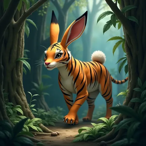 Help me generate an illustration of a hybrid creature between a rabbit and a tiger ,  I want an impressive look with a live-action visual style with real textures and a mysterious forest