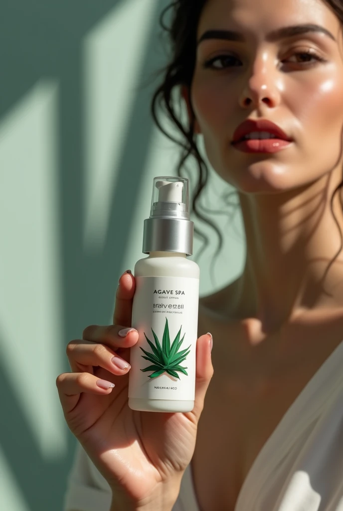 Generate an image of Naomi Neo with a matte glass serum that says agave spa 80 ml or 2.70 oz containing an image of an agave  