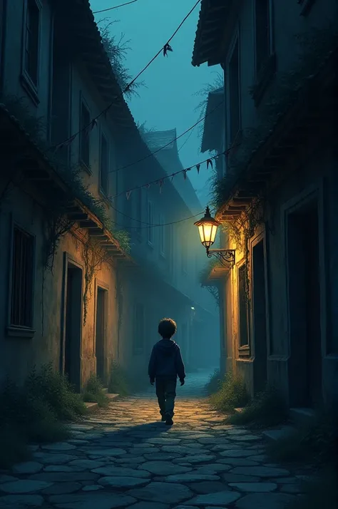 In the darkness of the night, a lonely boy was walking down an old village street. The street was deserted and mysterious, as if hiding some old secret. There was a strange chill in the air,