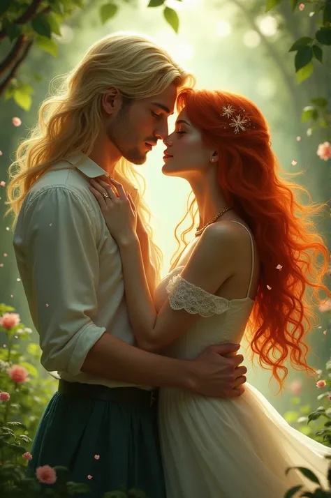 lovers. Fantasy. Both fair-skinned .  He has blond long hair and she has long red hair