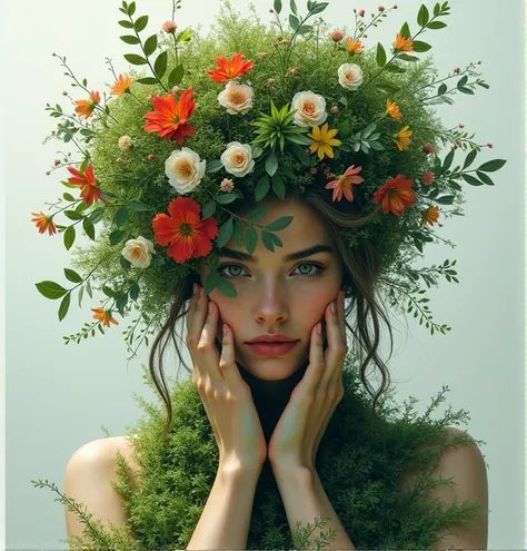 Un buste de femme qui tient son visage entre ses mains. A la place de son visage il y a des plantes et des fleurs. 