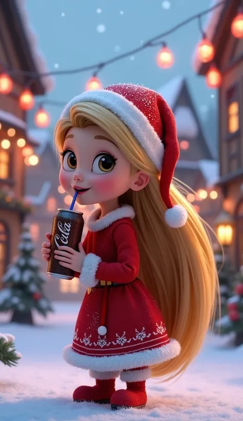 Disney Pixar Rapunzel baby style character , with Santa Claus costume and Christmas hat ,That he is standing so that he has dancing movements that he is drinking a cooca cola and in the background you are a Christmas village