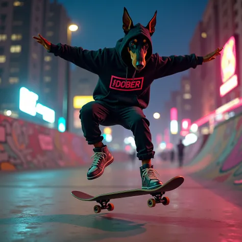 hyperrealistic image of a Doberman with a human body, performing a mid-air trick on a skateboard in a brightly lit urban skate park. He’s wearing a graphic hoodie with the $DOBER logo and graffiti-style sneakers. The backdrop is a lively cityscape with str...