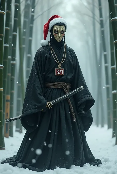 Androgyne samurai,  dressed in a black robe,  full face kabuki mask ,  faces are not visible,  hair cant be seen braided in a bun under a santaclaus hat either, in the katana , necklace with numbers 371, bamboo ,  is surrounded by fog and its snowing