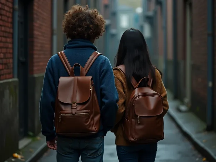 The same brothers  ( man with brown and curly hair dressed in a blue sweater and denim pants with a brown backpack, woman with black and straight hair dressed in a brown sweater and denim pants with a brown backpack ) They are in an alley and see into the ...