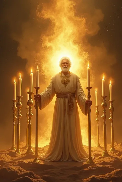 Seven golden candlesticks; 13 E , in the midst of the seven candlesticks, one like the Son of Man,  dressed up to the feet in a long robe and girded around the chest with a gold belt. 14 His head and his hairs were white like white wool., like snow, and th...