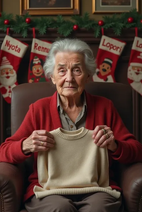 FostersStyle, old woman, wrinkled skin, dress, sitting in chair, holding blank sweater, Christmas stockings hung on garland, have names Nyota Rennu Lopori 