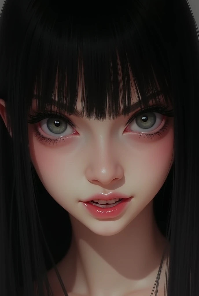 Young woman with straight black hair with bangs, big gray eyes and with a wicked face 