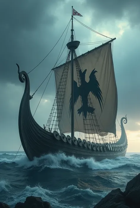 UHD 8K photorealistic image. of a Viking drakar, long, ((a mast)), ((a Viking sail image of two ravens)), row of war shields on the sides, sailing through a stormy and rough sea, high quality, cinematographic light