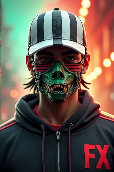 Create a male character in the free fire game style. With a white cap with two black stripes on the cap brim with a green mask with canine teeth the mask reaches the nose with two red stripes on each side of the mask the mask is made of metal with an all-b...