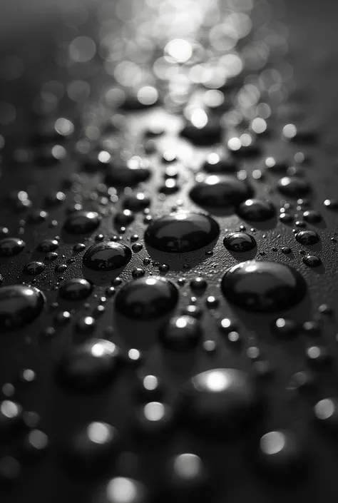 a close up of a black and white photo of drops of water , ultra detailed rain drip, black paint drip,  drop of condensation renders , Shiny surface, wet surface, , rain. hyper detailed, drip,  detailed drops , black fluid simulation, phone wallpaper, raind...