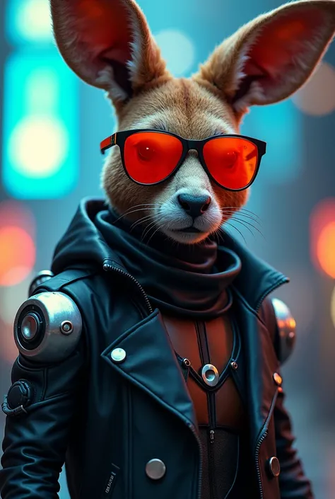 This image presents an anthropomorphic being, with a human-like body and a kangaroos head. It is represented in a futuristic and technological style. The figure wears sunglasses with bright, reddish lenses, which reinforce the high-tech look. The kangaroo ...