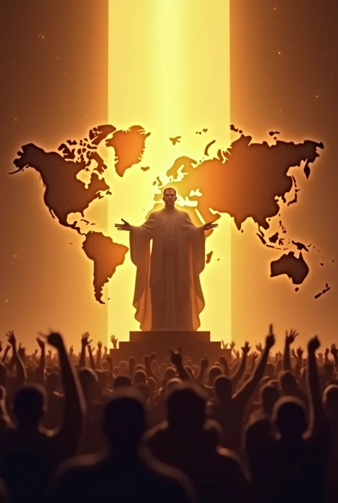  A majestic head of state stands on a podium, surrounded by cheering citizens ,  while a golden light emanates from him .  The atmosphere symbolizes unity and loyalty ,  with a stylized world map in the background .

