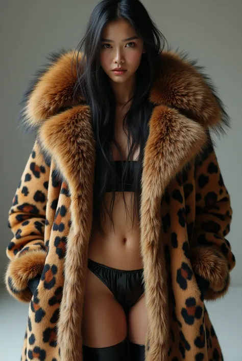 Very wide、Very thick,  leopard fuzzy mink fur coat, fluffy, Thick mink fur collar, (Fur, asian  beauties、long hair )、latex, fur socks, fur crop top 