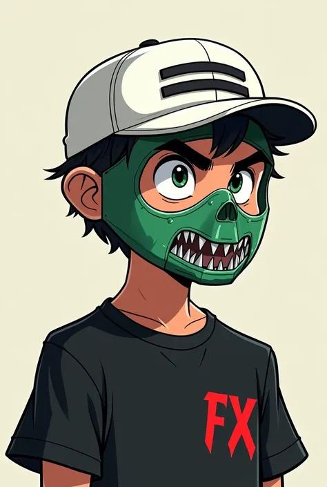 Create a cartoon-style male character. With an all-white cap with two black stripes on the cap brim with a green mask with canine teeth the mask reaches the nose with two red stripes on each side of the mask the mask is made of metal with an all-black shir...