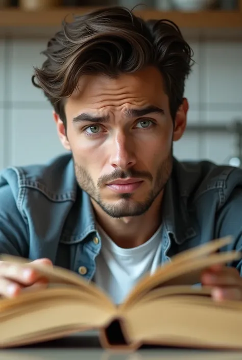 Close up of a puzzled young man looking at a closed book on his kitchen counter, highest definition, highest detail, highest quality 