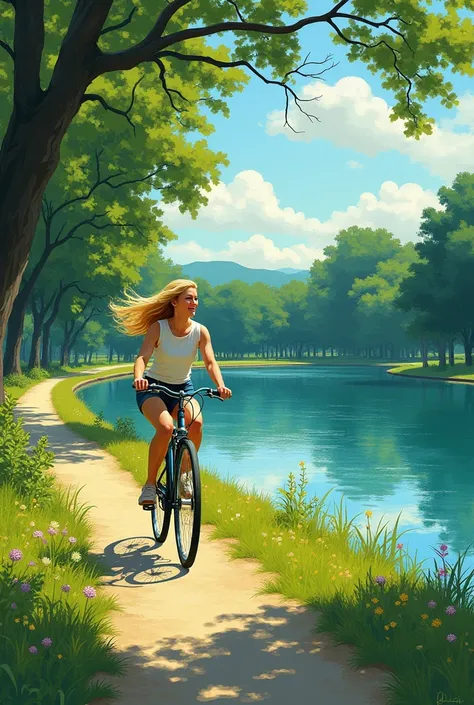 A sunday art in a van Gogh style and a really beautiful: a blond woman riding a bicycle in a green park with a lake happy and in peacel.