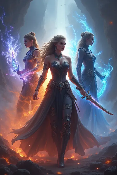 
Character Imagery: Astra wielding both light and shadow; Kairos with a glowing dark sword; Sylara in dragon-like armor; Make characters image according to this statement 