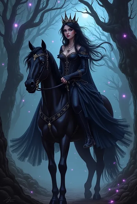   Princess of Enchanted Darkness Description: A realistic style teenage mystery princess with black hair and bright eyes,  dressed in a dark costume decorated with stars .  Wears an obsidian tiara and emits an aura of power and magic.
    Scenery: A dark f...