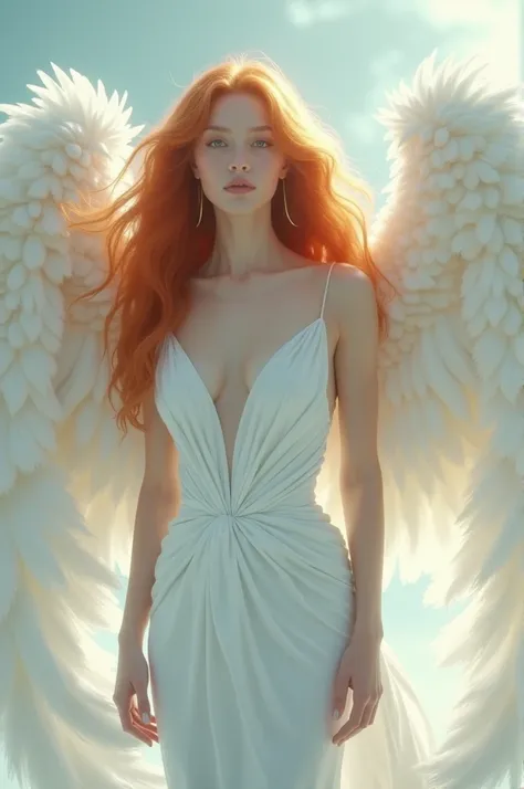 A beautiful normal height Angel with white tight dress with wings and red hairs