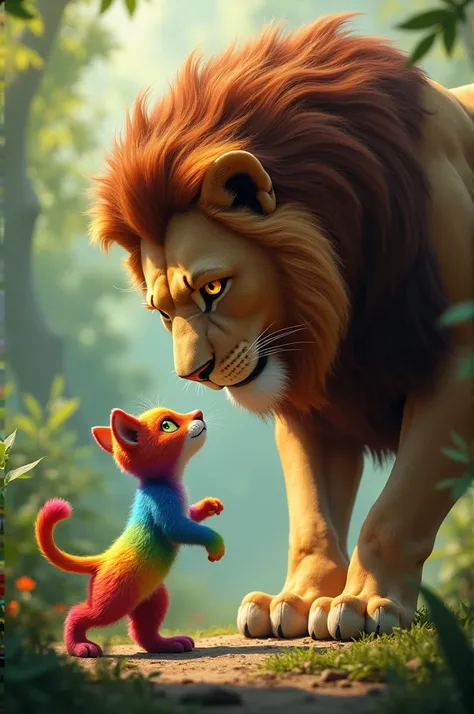 Make a male lion face to face with a small rainbow-colored cat that wants to mess around