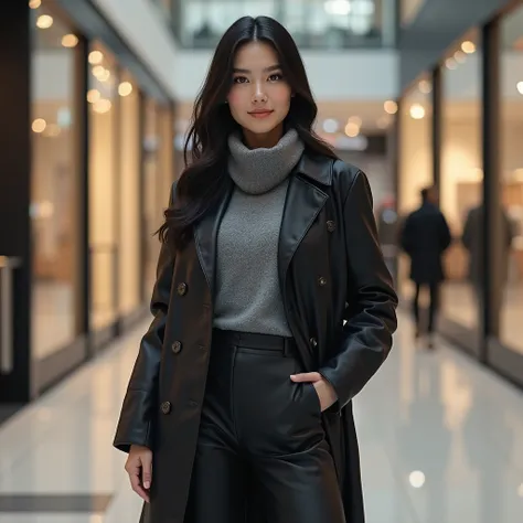 White woman, Caucasian, From Eastern Europe, A 35-year-old girl ,  Black hair, slim,  dressed in office-style winter clothing,  posing for the camera,  Full body photo , at the entrance to a mall , maximum detail,  maximum resolution, ULTRAREALISM,  photo ...