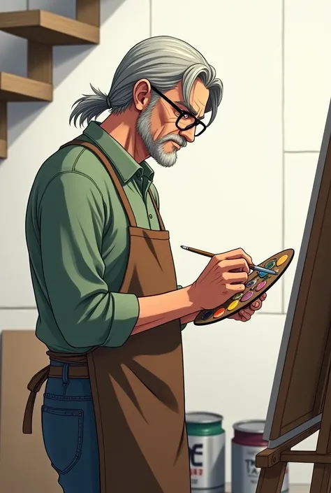 Anime man 43 years old . Light gray hair below the shoulders in the ponytail.  Light green sweater ,  jeans and brown apron .  In his hands he holds a palette of paints and a brush . in glasses.  On the background there is a white wall with stairs and cans...