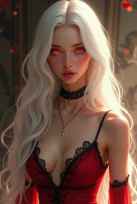 A stunning young woman with long, silky white hair cascading over her shoulders, softly framing her delicate face. Her large, glowing red eyes exude mystery and allure. She has pale, flawless skin with a gentle blush on her cheeks. She is dressed in an ele...