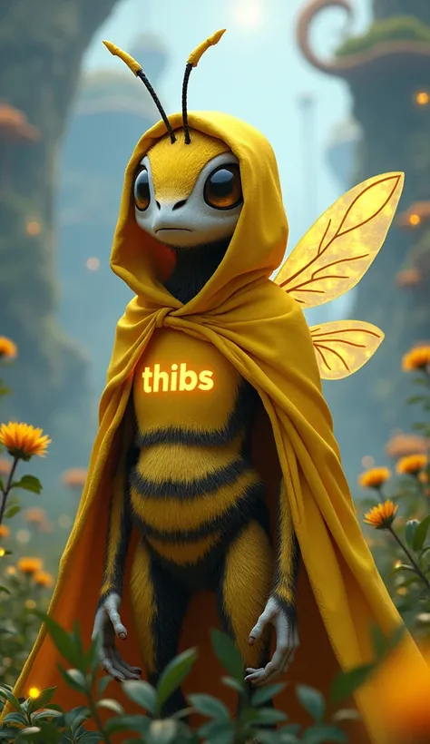 Une abeille male à forme humaine avec un capuchon jaune avec linscription "THIBS" dans un monde fantastique 