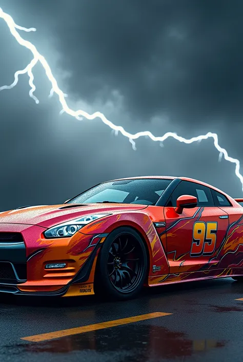 Make me a Nissan gtr r35 painted with McQueen lightning 