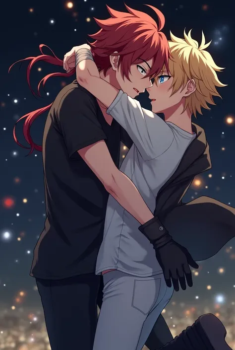 Handsome anime guy with red messy hair, red eyes, black shirt, black pants, kisses handsome anime guy with blonde messy hair, blue eyes, white shirt, white pants, black boots, black jacket, night background,