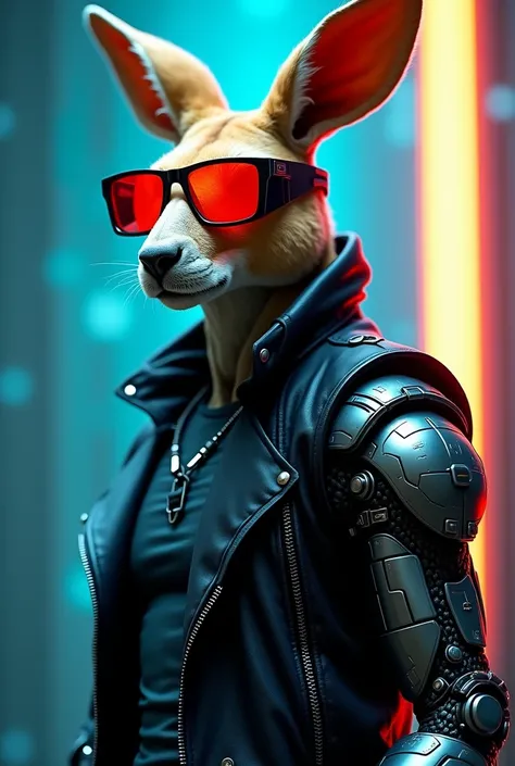 This image presents an anthropomorphic being, with a human-like body and a kangaroos head. It is represented in a futuristic and technological style. The figure wears sunglasses with bright, reddish lenses, which reinforce the high-tech look. The kangaroo ...