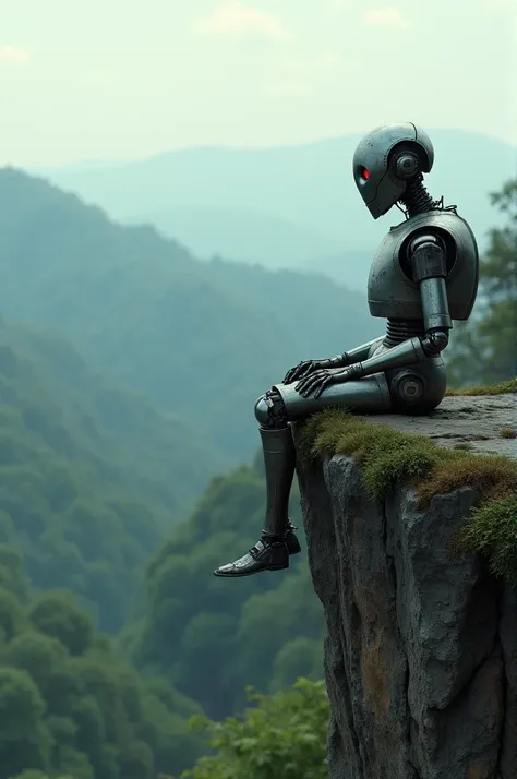 Un robot éteint assis sur le bord dune falaise regarde lhorizon 