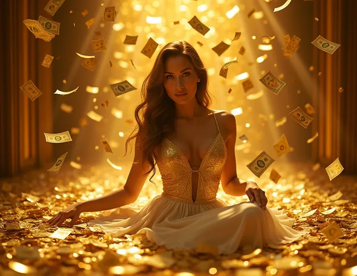  project an image of a woman surrounded by money and gold bills that reminds us of wealth, Luxury with colors of gold 