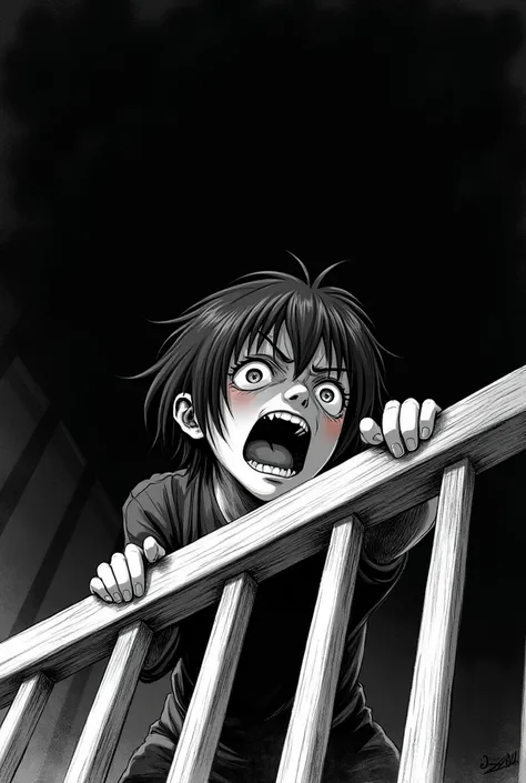 Short haired protagonist looking up the stairs in terror and his trembling hand holding the railing 
Create it in a black and white style and as a drawing 
