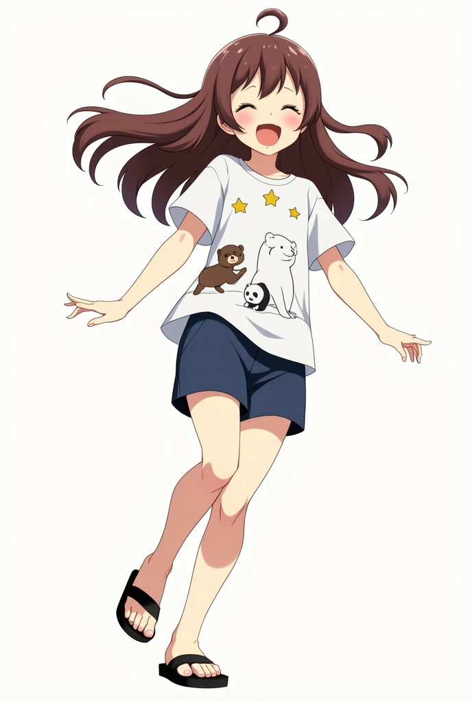  anime girl image, ,  long brown brown laughing hair,  a star-shaped necklace , white shirt with a panda ,  polar and brown bear drawn on it ,  dark blue shorts ,  and black sandals 