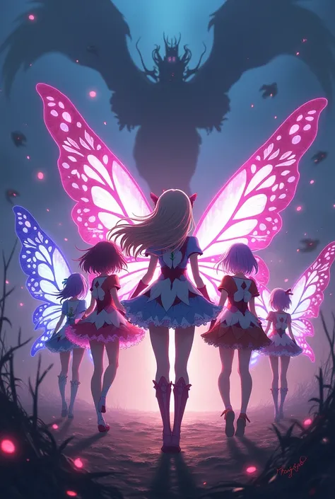 Crée une image de cinq tenues de magical girl, elles ont des ailes de papillons.
Et elle se battent dans un monde de cauchemar contre des monstres 