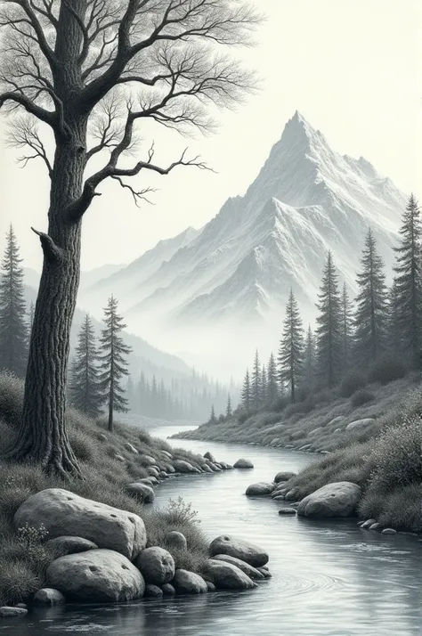 Art drawing with a tree, a mountain and a river escaping from the drawing