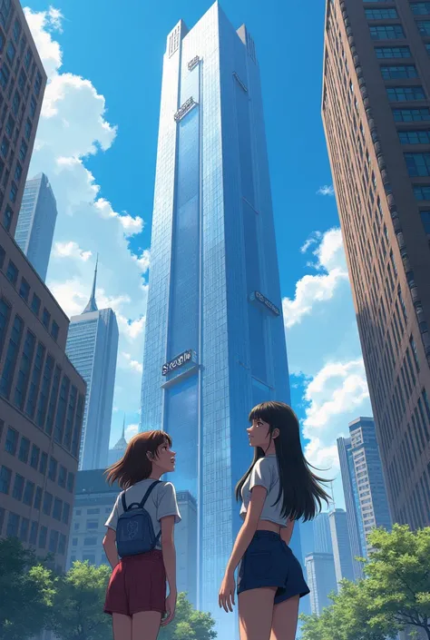 A big building. Exterior view, Tall skyscraper, located in the middle of a city, a big label          at The first floor. Two girls standing at the front of the building 