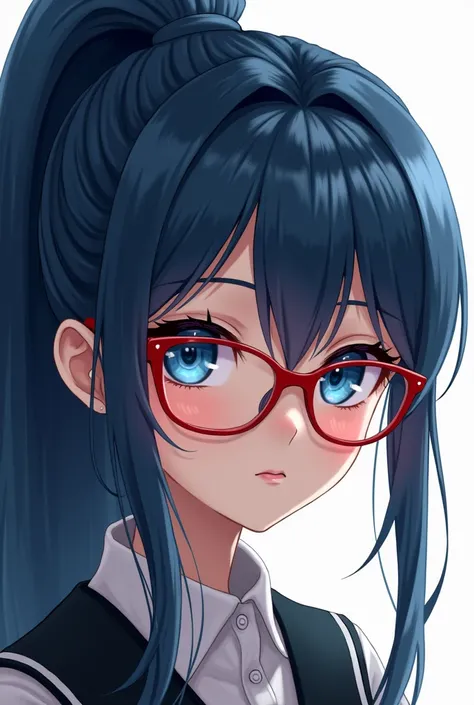 anime art, Dark blue hair,  long hair,  hair gathered in a high ponytail,  blue eyes , Red glasses, girl aged 25-30 