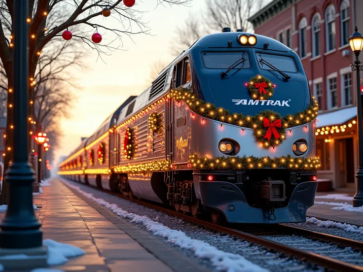 Amtrack train on the street in La Grange, Kentucky, decorated for Christmas