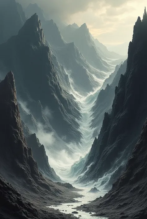 big long brushstrokes of deep black sumi-e turning into symbolic painting of "Dwarven Landslide", master level raw art, best quality, high resolution, vertical, 1440x3440, without people