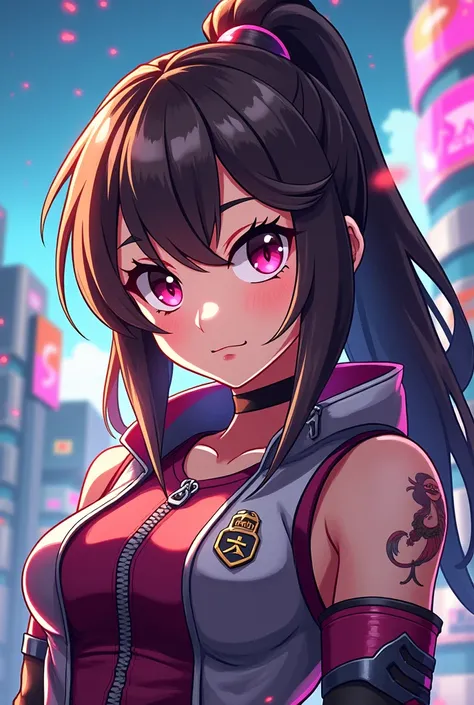 Create a female Free Fire character logo 
Type anime brunette with the name "Off BUGADA "