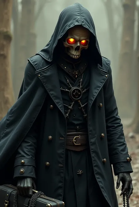 gloomy epic death figure in an old black hooded coat,  skull under the hood , burning eyes,  holding a black leather briefcase , holding a sparkling braid in the other hand ,  three-dimensional ,  realistic,  textured drawing , dark fantasy, Vallejo style+...