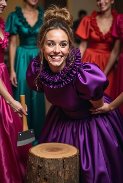 (realistic photograph close up), (cheerful), (a happy surprised beautiful Caucasian lady with (messy hair bun), she is dressed in (an elegant elaborate shiny purple silk gown with (long gigantic puff sleeves), (and with an ultra high tight stand-up collar ...