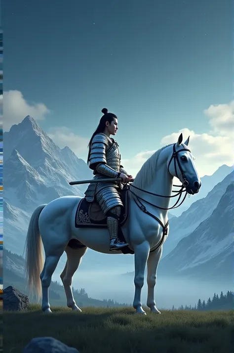  Improve quality , 4K,  extremely realistic , Add light ,  Get the background focus ,  background landscape mountains, Sky with stars, flat floor, LAWN, samurai, long sword,  Side position, horse, White , army de fundo,  improve quality, army 