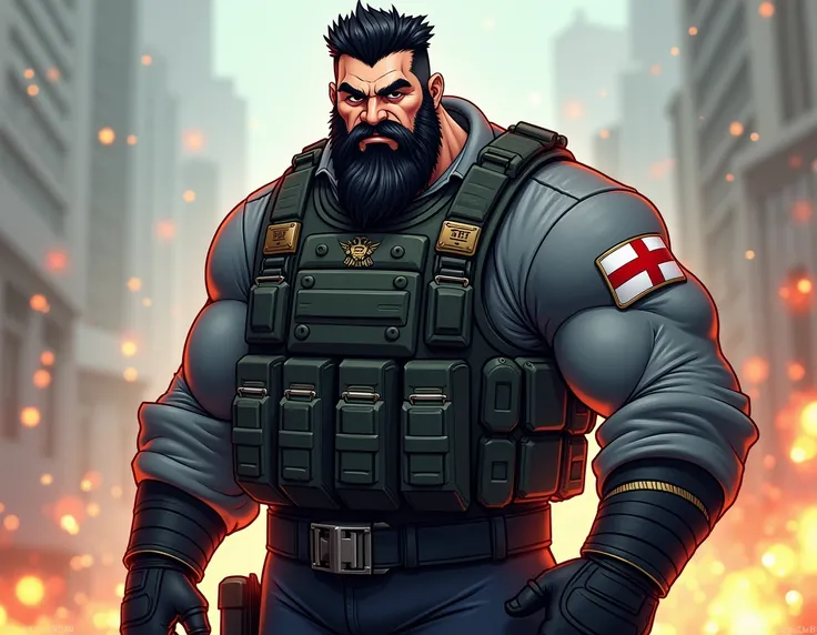 a muscular soldier with black beard and hair ,  with the flag of England on one side of his gray long-sleeved uniform , with bulletproof vest,  black gloves and black pants with small sparks around him and with cartoon animation.